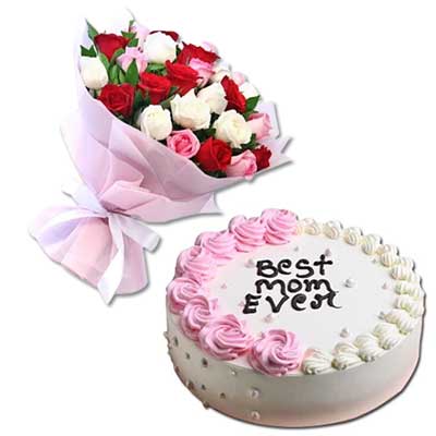 "Round shape Pineapple cake - 1kg, 25 Mixed Roses flower bunch - Click here to View more details about this Product